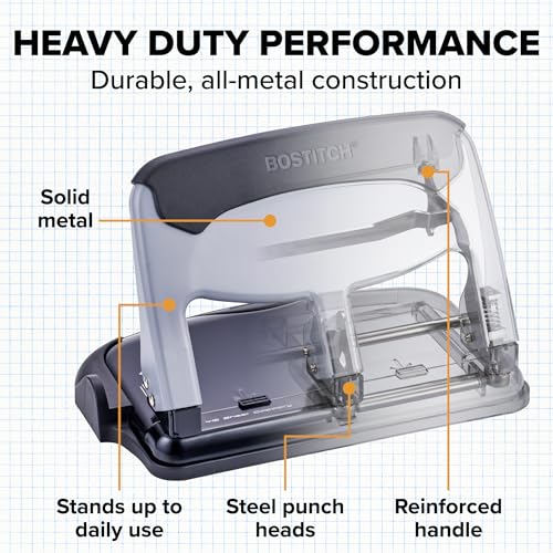 Image of Bostitch EZ Squeeze 3 Hole Paper Punch, 40 Sheet Capacity, Heavy Duty Metal Office Hole Puncher with Chip Tray, Non-Slip Base & Paper Guide, 9 /32 inch Holes for Binders, School & Home Office