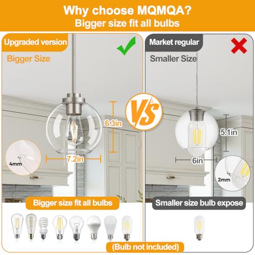 Image of MQMQA 2 Pack Globe Pendant Lights, Mid Century Brushed Nickel Pendant Light Fixtures, Globe Pendant Lights Kitchen Island with Clear Glass Shade Hanging Fixture for Dining Room (Bulbs not Included)