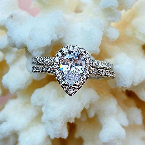 Classic Bridal Ring Set 0.75 Ct Pear Cut Teardrop Halo Ring Eternity Infinity Band Size 4 5 6 7 8 9 10 (Silver, 7) #TOP1