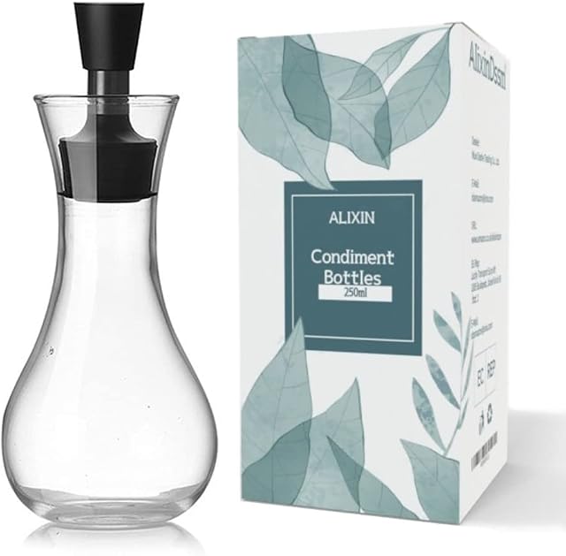 ALIXIN-Olive Oil Dispenser.Glass Bottles and Pourer Spout Set for Kitchen,Oil & Vinegar Cruet/Decanter,with Dripless Capped Spout,Liquid Condiment Container,Glass Decanter for Kitchen. (250ML)