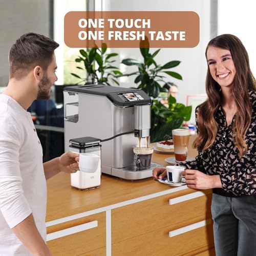 Fully Automatic Espresso Machine with Grinder, Milk Frother, TFT Touch Display, 20 Bar Pressur & 15 Grind Settings, Auto Cleaning for Latte, Cappuccino, Espresso, Silver
