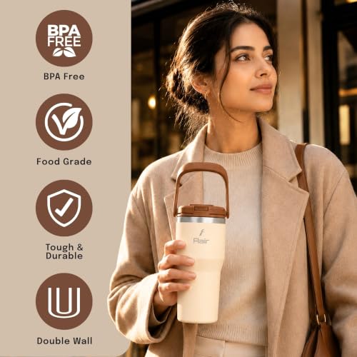Image of FLAIR Rage Vacuum Insulated Coffee Tumbler 500 ml Beige | 2-in-1 Lid (Straw & Sip)| 304 Double Wall Stainless Steel | Leak-Proof Lid | Hot & Cold Travel Mug with Handle | BPA-Free