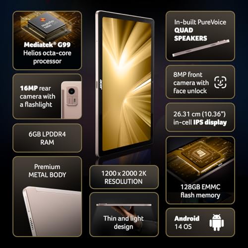 Acer Iconia Tab iM10-22 | 10.36" 2K IPS Display, Quad Speakers, Helio G99, 6GB + 128GB, 16MP Rear + 8MP Front Camera, Fingerprint Reader, Wi-Fi + 4G LTE(Calling), Android 14, Slim Metal Body, Gold view 2