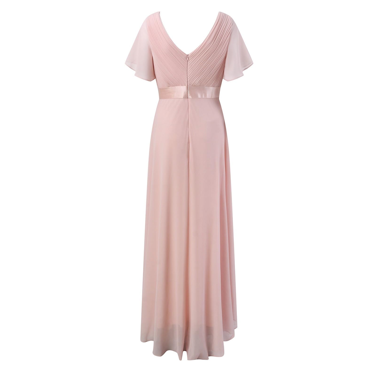 Vestido de noche para mujer, con cinturón, manga corta, cuello en V, de gasa, elegante, vestido de dama de honor, largo, de línea A, vestido de cóctel, vestido de fiesta con cinturón, corte ajustado,