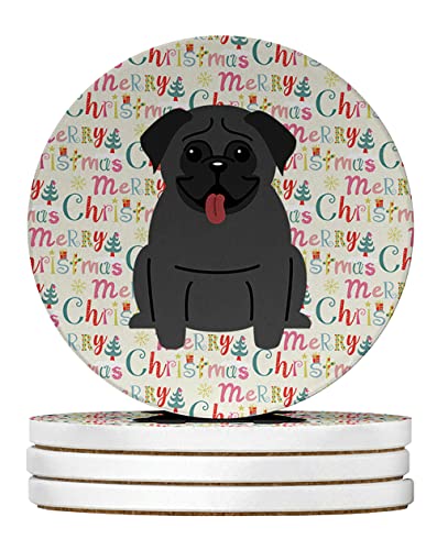 Caroline's Treasures Merry Christmas Pug Black Large Sandstone Coasters Pack of 4 Absorbent Round Coasters Decor Gifts for Men or Women, 4 in, Multicolor