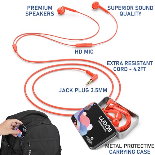 Image of LUDOS FEROX Wired Earbuds in-Ear Headphones, 5 Year Warranty, Earphones with Microphone, Noise Isolation Corded for 3.5mm Jack Ear Buds for iPhone, Samsung, Laptop, Kids, School Students - Coral
