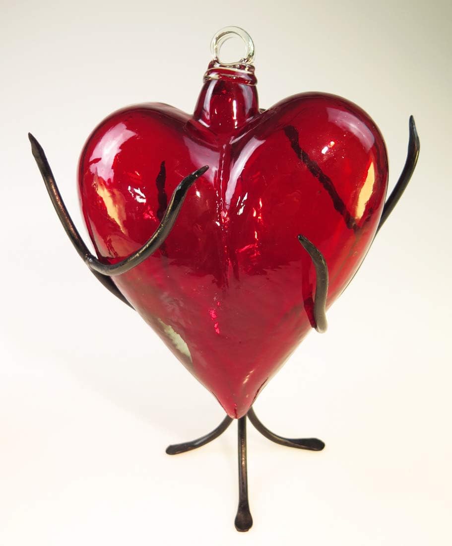 Red Glass Heart with Thorn Display Stand, 8 inch, Mexico
