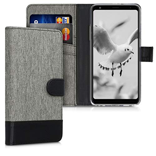 kwmobile Wallet Case Compatible with LG Stylo 5 - Fabric Faux Leather Cover with Card Slots, Stand - Grey/Black