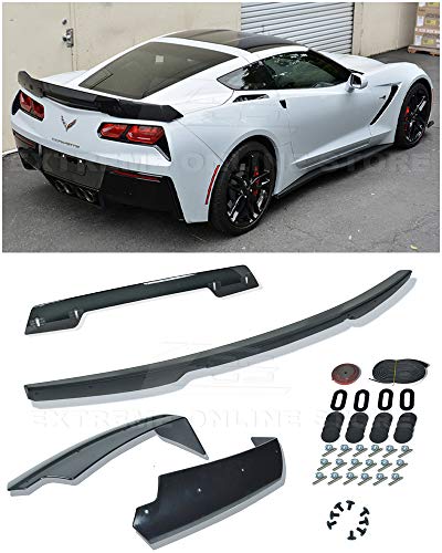 Replacement for 2014-2019 Chevrolet Corvette C7 All Models | Z06 Z07 Stage 3 Style Rear Trunk Lid Wing with Smoke Tinted WickerBill Spoiler (ABS Plastic - Primer Black)