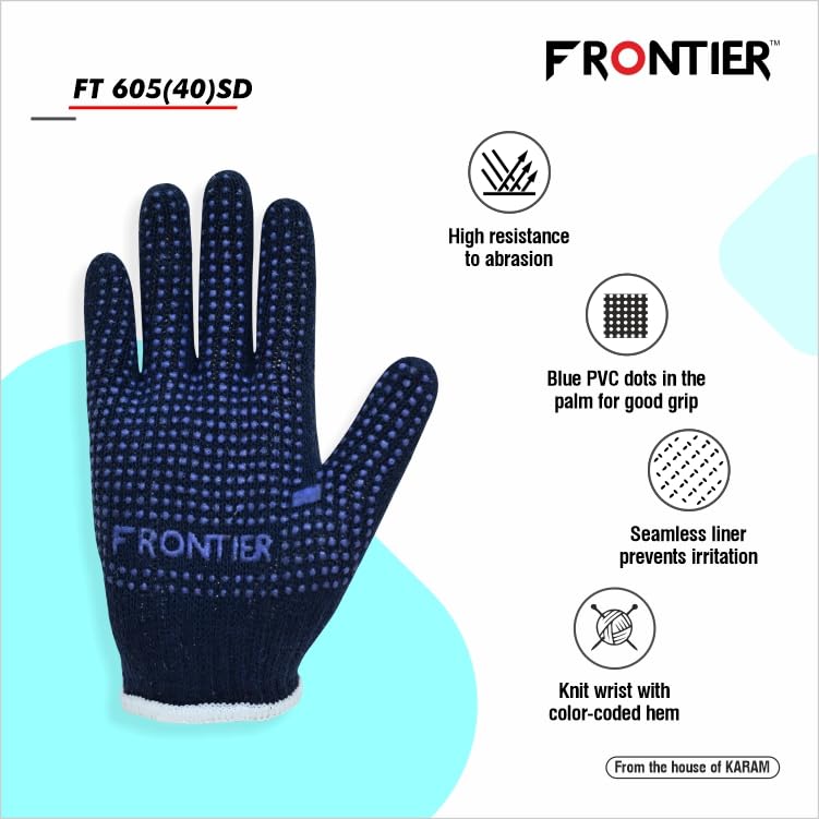 Image of FRONTIER FT605 100% Cotton Knitted Safety Gloves | PVC Dots in Palm for Advanced Grip | Hand Protection with Comfort & Dexterity | Pack of 20