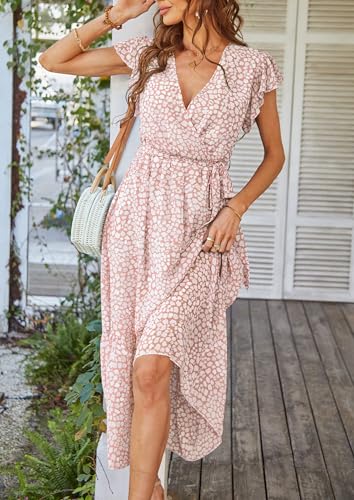 PRETTYGARDEN Women's Summer Floral Boho Maxi Dress Wrap Short Sleeve V Neck Ruffle A-Line Flowy Wedding Guest Long Dresses