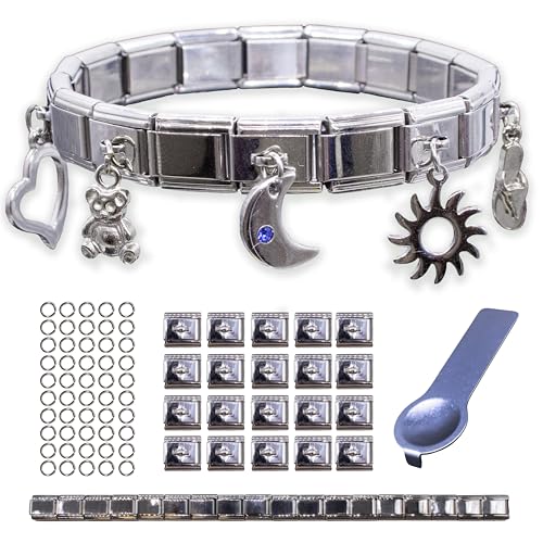 Fablinks Italian Charm Bracelet Starter Kit, 9mm 304 Stainless Steel Charms Link Bracelets for Women, Silver Modular Jewelry Pack for Men with Tool (Starter Kit - Horizontal Loop)