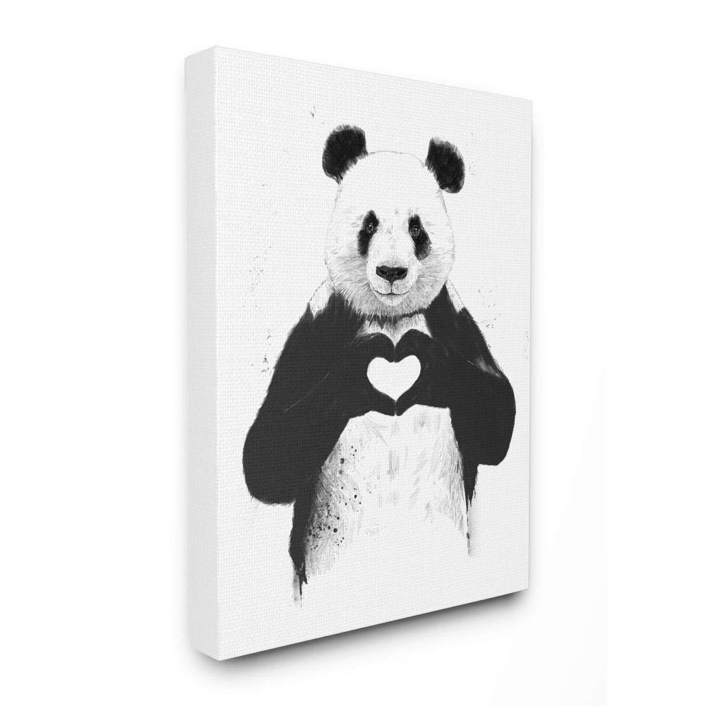 Stupell Industries The Home Decor Collection Black and White Panda Bear Making a Heart Ink Illustration Stretched Canvas Wall Art, 16x20, Multi-Color