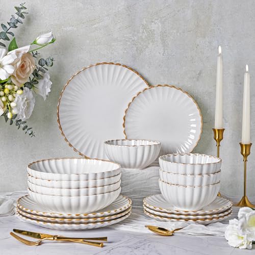 GBHOME Vajilla esmaltada reactiva de 24 piezas, platos y cuencos redondos, apto para lavavajillas y microondas, juego de cerámica para 6, color blanco crema GBHOME Vajilla esmaltada reactiva de 24 piezas, platos y cuencos redondos, apto para lavavajillas y microondas, juego de cerámica para 6, color blanco crema