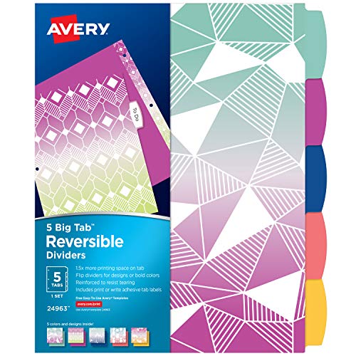 Avery 5 Tab Reversible Fashion Binder Dividers, Ombre Geometric Design, Big Tabs, 1 Set (24963)
