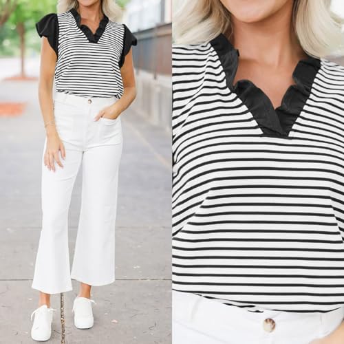 Image of Tankaneo Womens Ruffle Cap Sleeve Tank Tops Cute Summer Striped Shirts Puff Sleeve Pleated V Neck Blouse