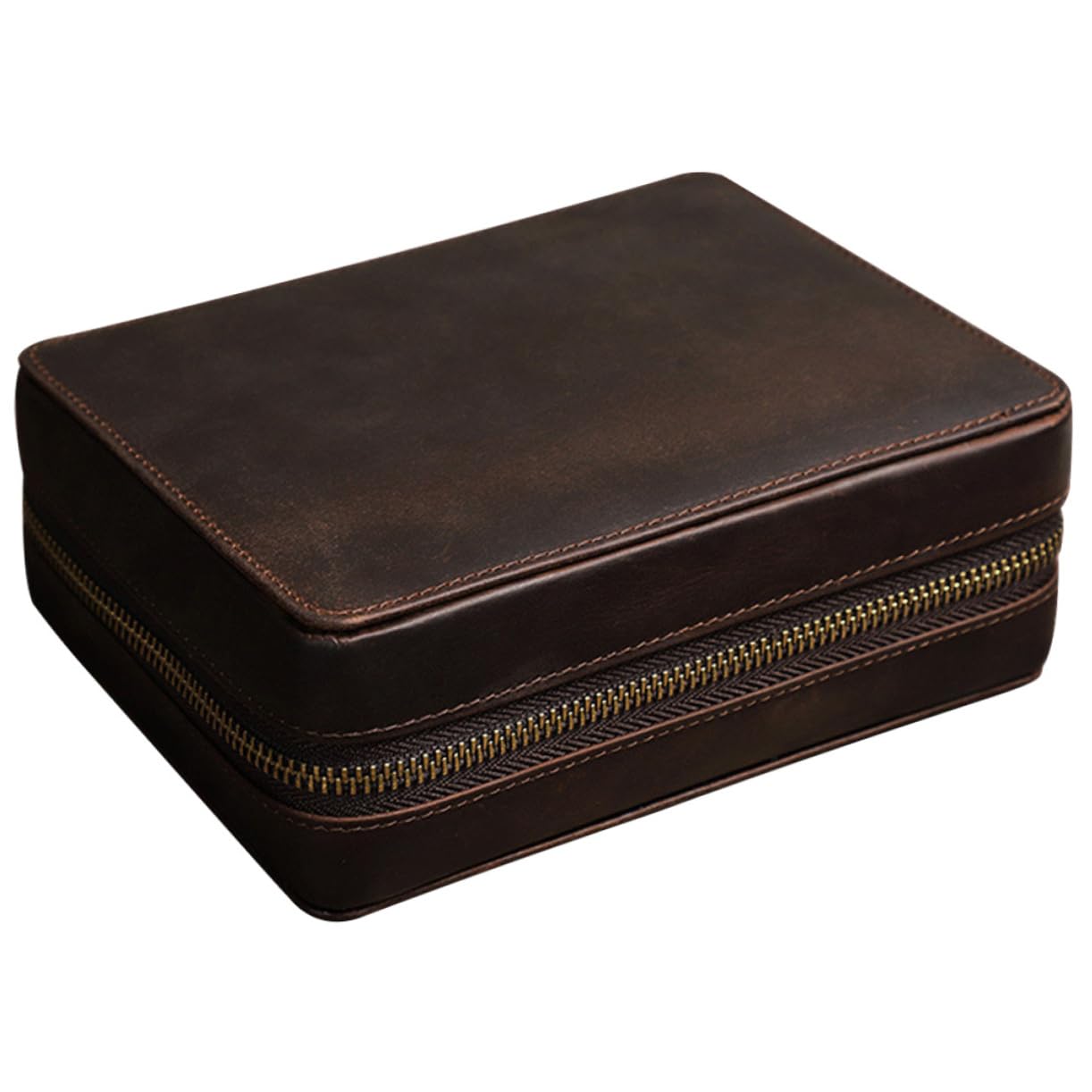 FOMIYES Estuche de Cuero para Reloj 4 Ranuras, Viaje y Orden | Acabado Vintage, Cierre Cremallera, Diseño Delgado, Tono Café, Compartimentos Laterales