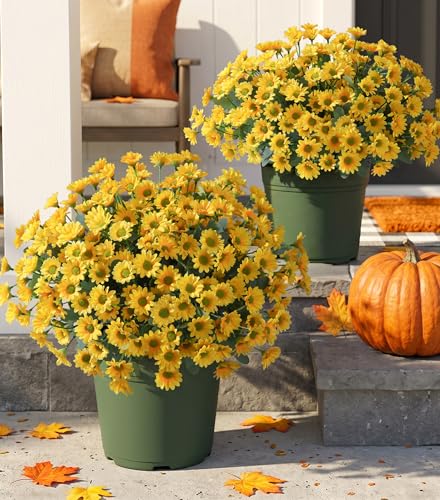 Image of HyeFlora Artificial Mums for Outdoors Fall Decor, 6 Bundles Fake Flowers UV Resistant Realistic Faux Flowers Bouquet Silk Flowers for Outside Planter Porch Patio Garden Yard Balcony Home, Yellow