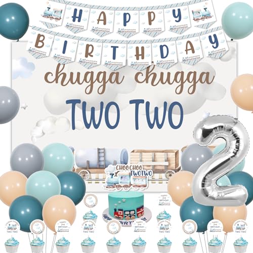 kreat4joy Chugga Chugga Two Two Train Birthday Decorations Retro Blue Balloons Backdrop Banner Cupcake Cake Toppers Number 2 Foil Balloon for 2 Year Old Party