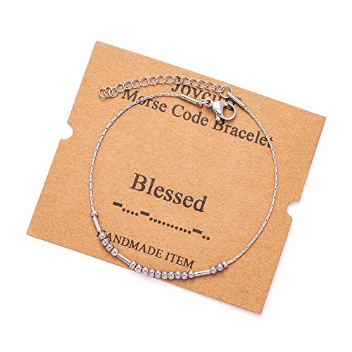 Image of JoycuFF Inspirational Morse Code Bracelets for Women Silver Beads Jewelry Encouragement Mantra Gifts for Her