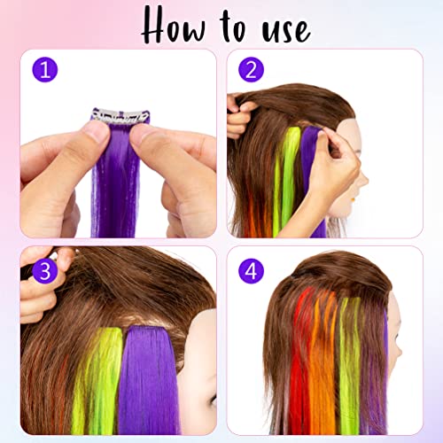 Colored Hair Extensions, 12 Pcs Straight Rainbow Hair Extensions Highlights, Synthetic Colorful Hair Extensions For Women Girls Christmas Party Use #TOP5