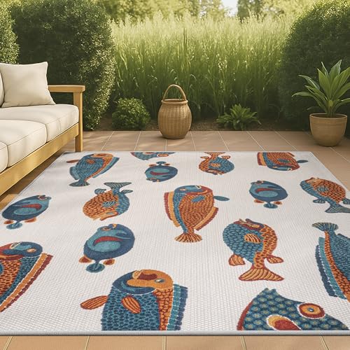 JONATHAN Y AMC114A-8 Algarve Modern Fish High-Low Indoor Outdoor Area Rug, Nautical Coastal Casual Easy Cleaning,Bedroom,Kitchen,Backyard,Patio,Non Shedding 8 X 10, Navy/Orange/Cream