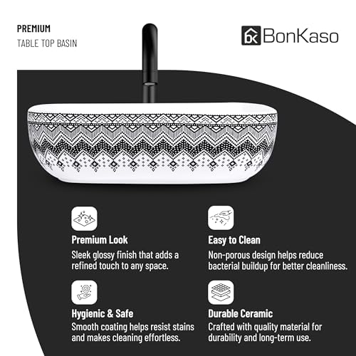 Image of Bonkaso Designer Ceramic Table Top Wash Basin | Madala Pattern Rectangular Countertop Vanity Sink | 45 x 32.5 x 13.5 cm | Premium Glossy Bathroom Basin