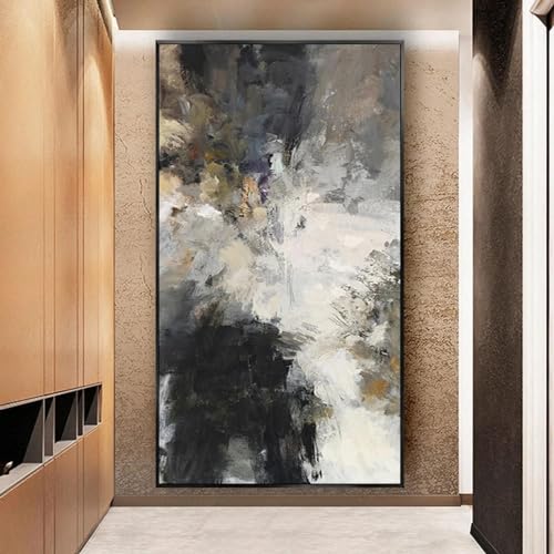 Art mural de salon moderne : grand tableau abstrait noir et gris encadré