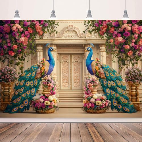 Image of Peacock Floral Palace Backdrop, India Wedding India Ceremony Party Decoration Bridal Shower Photography Decoration Wall Decor Fabric Photography Background 7X5FT
