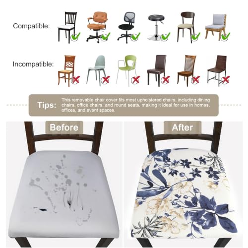 Image of SearchI Seat Covers for Dining Room Chairs Stretch Printed Chair Seat Covers Set of 4, Removable Washable Upholstered Chair Seat Protector Cushion Slipcovers for Kitchen, Office(Blue Flowers)