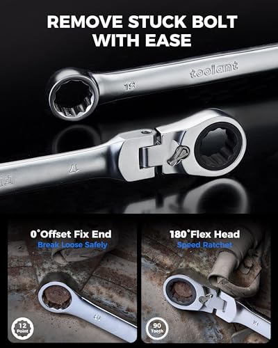 Image of toolant 13pcs Ratcheting Wrench Set, Reversible Flex Head & Offset Head Double Box-End Ratcheting Wrench Set, 1 /4 inch-7 /8 inch SAE Set, 90-Teeth and 4 Swing, with Storage Tray