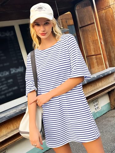 Image of Yousify Women's T Shirt Dress Cotton Summer Dresses 2026 Casual Loose Short Sleeve Striped Mini Dress with Pockets
