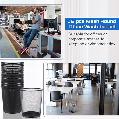 Image of Hushee 12 Pcs Metal Mesh Trash Can Wire Waste Paper Basket Trash Bin Garbage Can for Office Under Desk, Kitchen, Bedroom, Den, Dorm Room, Toilet(Black,12 Pcs)