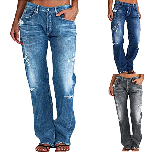 Pantalones vaqueros con agujeros transpirables y pernera recta holgada para mujer 2