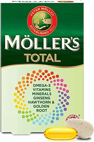 Möller Total Complete Daily Supplement, Nordic Omega-3 Dietary Supplement with EPA and DHA, Vitamins and Minerals, Ginseng, Hawthorn and Golden Root 56 Capsules