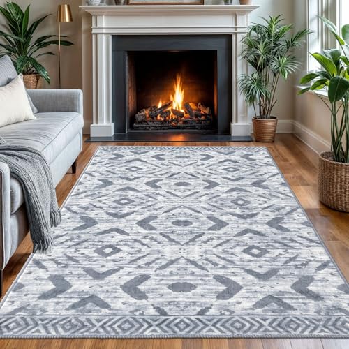 KILOCOCO Area Rug 4'x6' Entryway Rug Washable Bedroom Rugs Non Slip Boho Low-Pile Brown Soft Rugs for Kitchen Living Room Dining Geometric Moroccan Carpet, Grey White