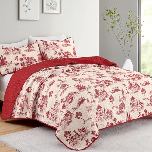 Yiran Red Leaves Botanical Toile Quilt Set with 2 Pillowcases,Farmhouse Castle Christmas Bedspread Coverlet,Soft Microfiber Bedding Set King Size 104"x90"