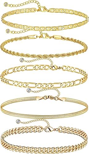 NECOCY Gold Ankle Bracelets for Women,14K Real Gold Plated Anklets Herringbone Figaro Flat Mariner Dainty Layered Anklet Set 3pcs Cute Summer Beach Chain Anklets for Women Teen Girls