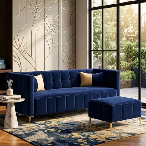 Image of SOCOZI Stylluxe 4 Seater L Shape Sofa Set with Movable Ottoman | Flexible Left or Right Layout | Soft Velvet Suede Fabric | Modern Design | Plush Comfort Cushions for Living Room (Dark Blue)