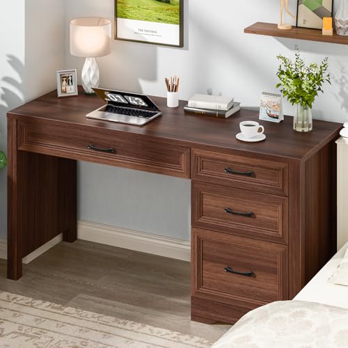 Image of Vabches Farmhouse Executive Desk with Storage and Ample File Drawer, Rustic Large Home Writing Desk for Bedroom, Walnut