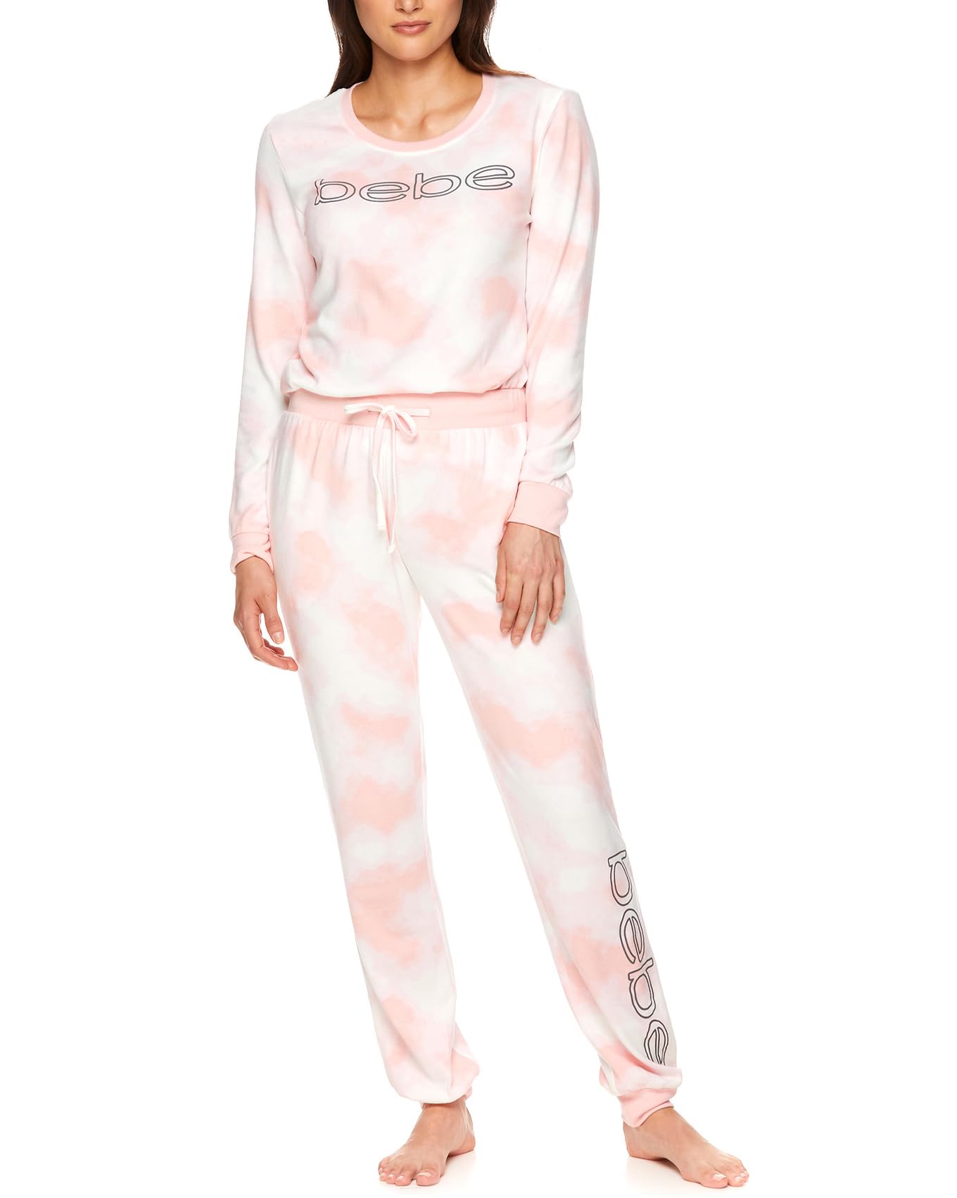 bebe Womens Long Sleeve Shirt and Lounge Skinny Pajama Jogger Pants Sleepwear Set (Light Pink, Large)