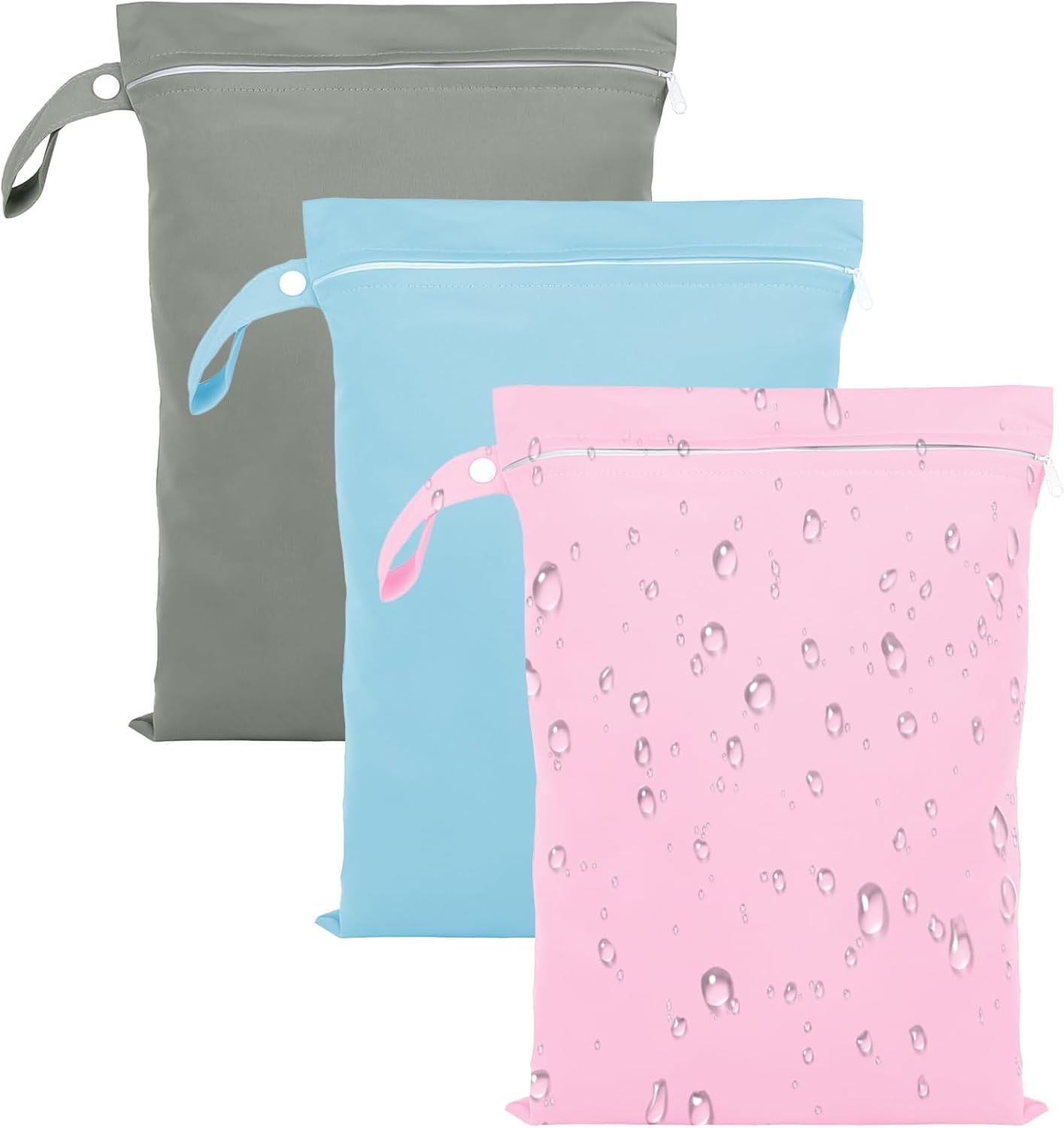 GOEDEKE 3 PCS Wet Bags, Reusable Cloth Diaper Bags with Handle and Zipper, 40 x 30 cm Wet Bags for Swimming Travel, Washable Wet Dry Bag for Travel, Beach, Camping, Swimming, Gym (Grey, Blue, Pink)