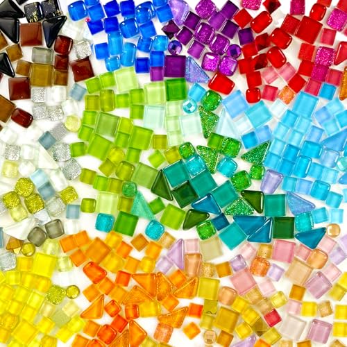 HILELIFE 500g 340 Piece Glass Mosaic Tiles for Crafts Bulk – Assorted Colors and Shapes, Mini Mosaic Glass Pieces for DIY Art Projects, Home Decor
