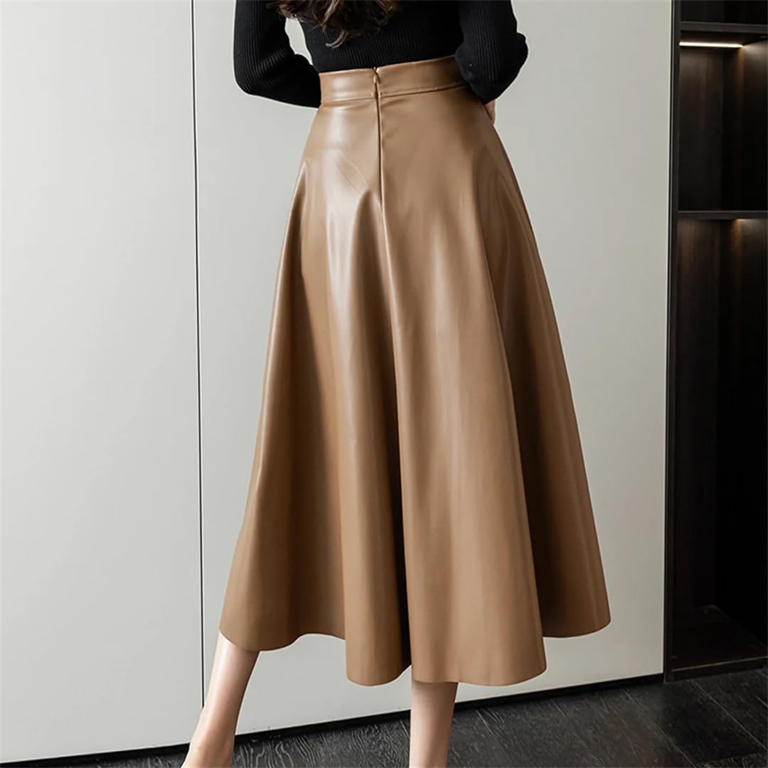 Faldas de piel sintética de cintura alta para mujer, estilo vintage, sencillez, casual, plisadas, sueltas, acampanadas, largas