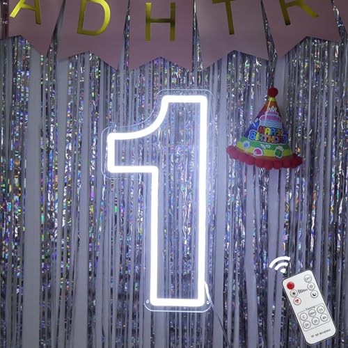 One Neon Sign for First Birthday, Remote Dimmer Light up Number One Neon Sign for Party, White One Year Old Baby Led Neon Light Sign for Wall Decor, Wedding Home Bedroom Birthday Gift - 15.7''