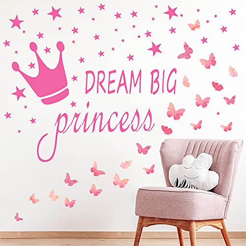 Dream Big Princess with Crown Bedroom Decals 3D Pink Butterflies Sticker Stars Quote Wall Art Decals for Baby Girls Bedroom Living Room Decorations