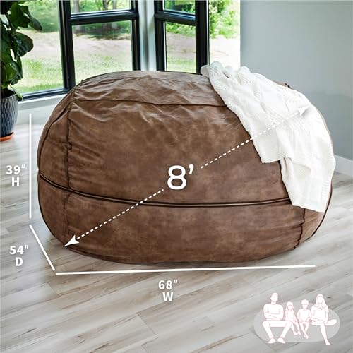 Image of Big Joe Fuf 8Ft Giant Foam Bean Bag Chair, Oversized Couch with Removable Cover for Kids, Teens, Adults, Coffee Soft Vegan Leather, 8 Foot | Premium Shredded Foam Filled, Soft Vegan Leather, Adult-Sized Comfortable Seating, Supports Up to 300 lbs