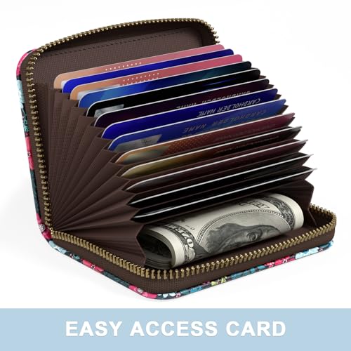 Image of Aiawoxc Credit Card Holder, Small RFID Wallet Slim Leather Card Organizer Case with Zipper and Wristlet Strap, Elegant Flowers