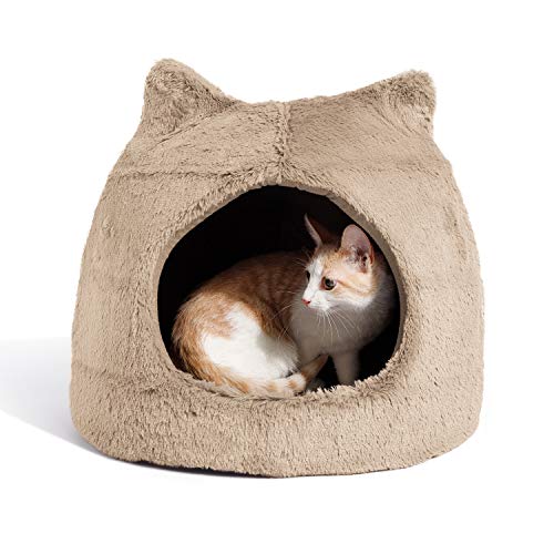 Best Friends by Sheri Meow Hut in Fur Cover Dome Hut Small Dog and Cat Bed in Wheat