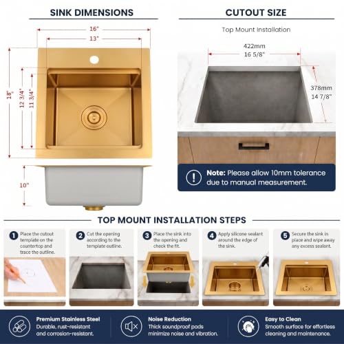 Image of LQS Brushed Gold Finish Kitchen Sink, Small Gold Drop In Bar Sink 16 inch x 18 inch with Cutting Board, 16 Gauge Stainless Steel Golden Kitchen Sink, 10 inch Depth For Daily Use, Outdoor and Prep Use